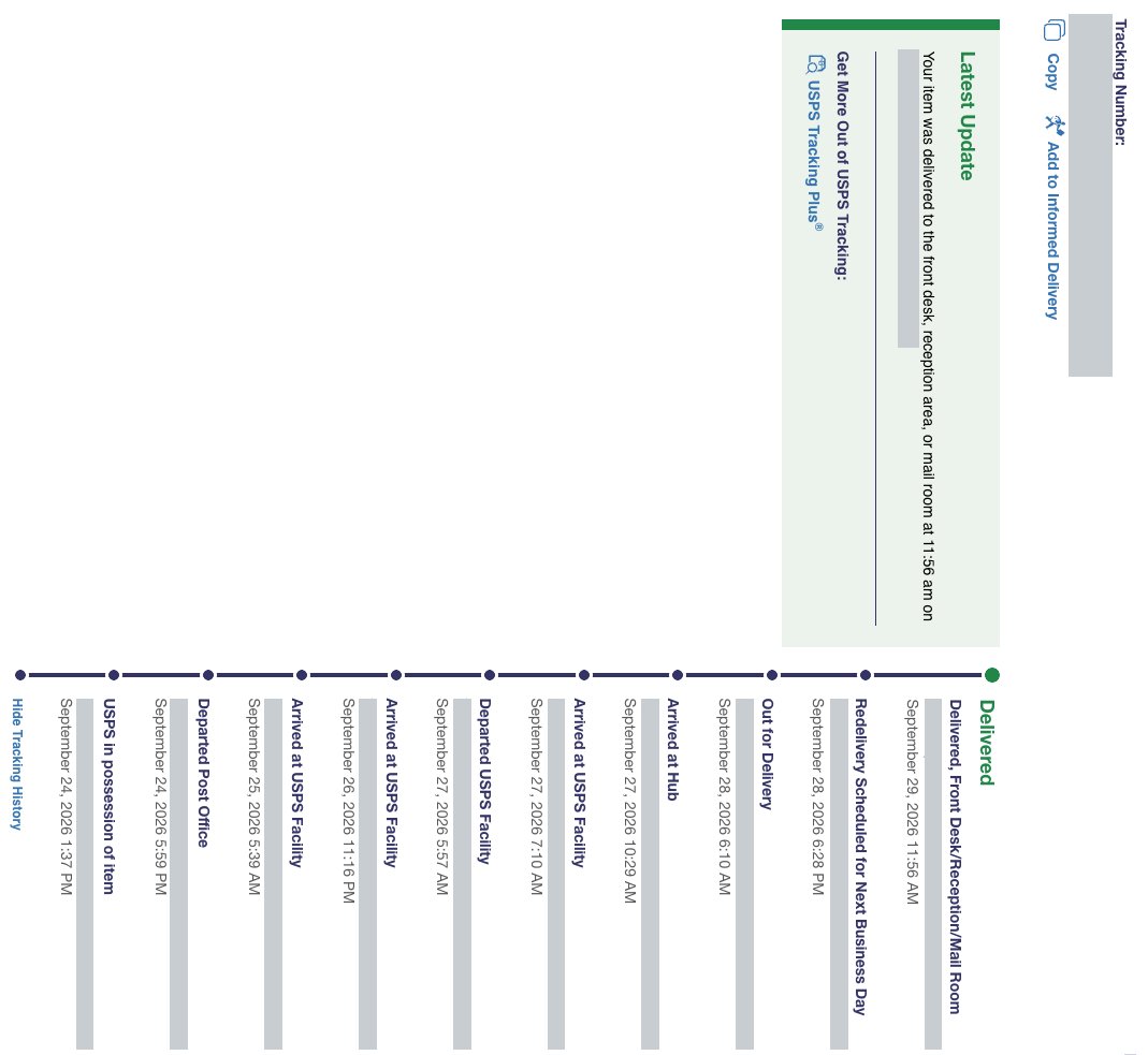 USPS tracking history showing a package marked Delivered to the front desk, reception, or mail room, with the tracking number and locations hidden