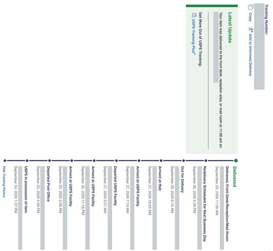 USPS tracking history showing a package marked Delivered to the front desk, reception, or mail room, with the tracking number and locations hidden